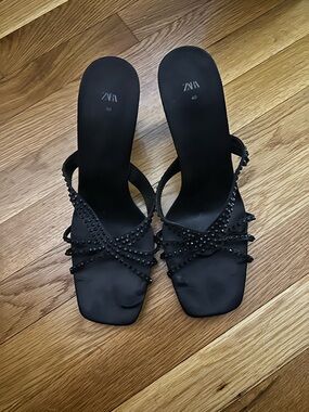 Zara Black Studded Strappy Slide Heels
